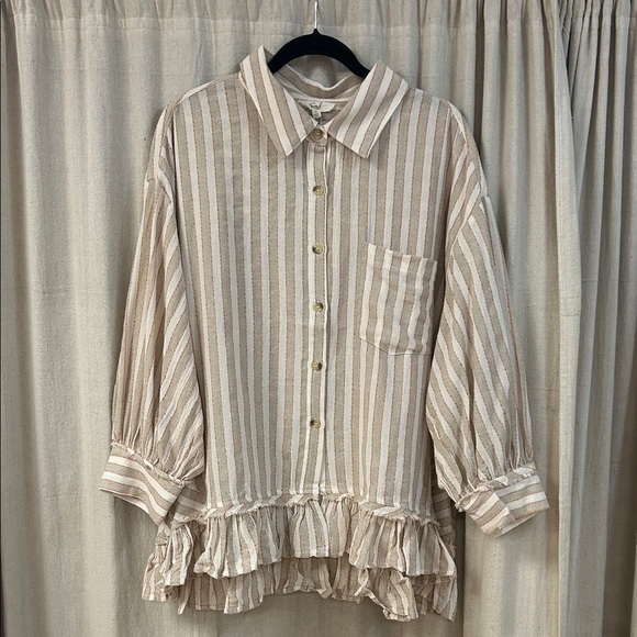 Striped Beige Button-Up Blouse with Ruffle Hem - Easel - Picture 1 of 8
